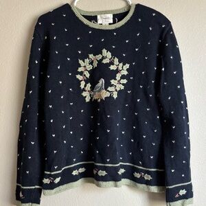 Navy Bird Embroidered Christmas Sweater